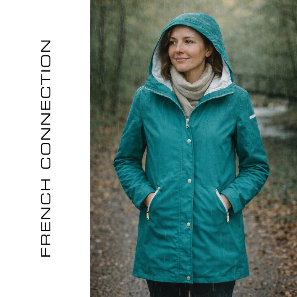 French Connection, Teal Anorak Slicker Hooded Rain Jacket Size Small